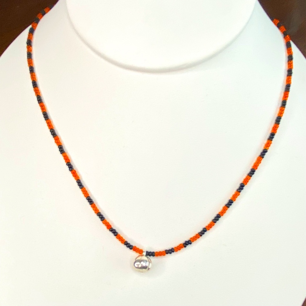 Silver Tone Pumpkin Pendant Black and Orange Beaded Necklace